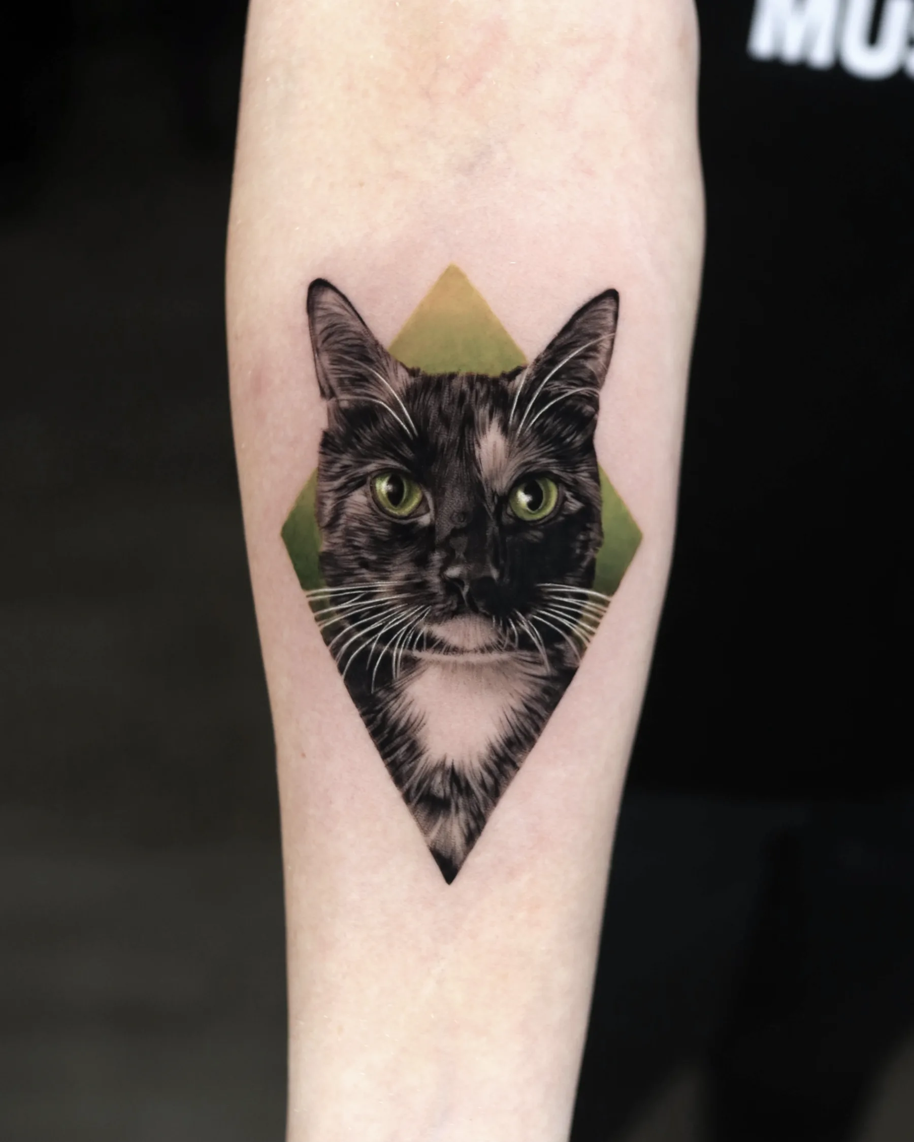 Color portrait tattoo of a black cat with green eyes
