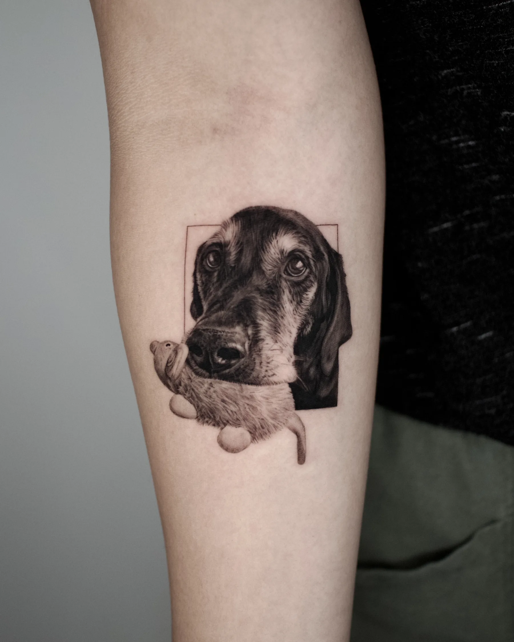 Black and grey dog portrait tattoo with a toy
