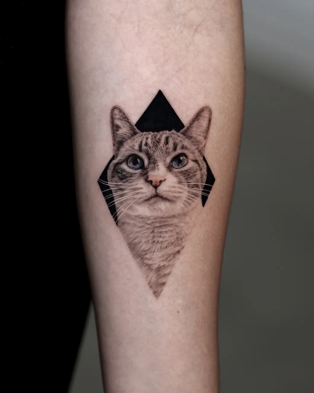 Black and grey realistic tabby cat portrait tattoo in a diamond frame